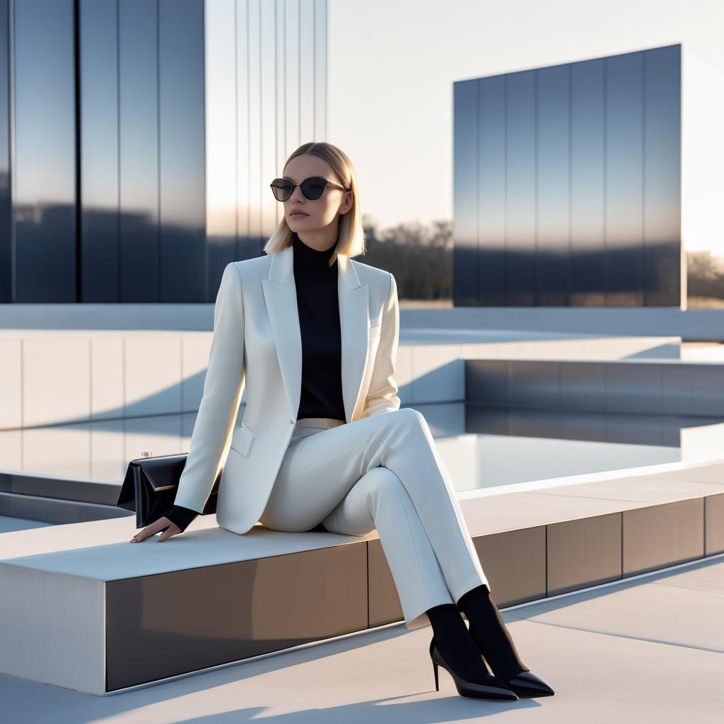 Confident Woman in White Suit with Sunglasses