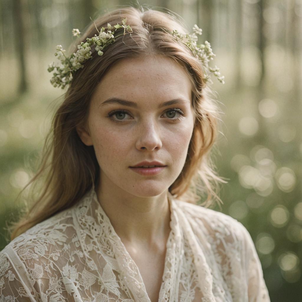 Serene young woman with floral crown in a dreamy forest