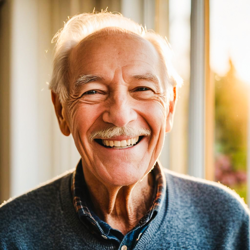 Cheerful elderly man smiling in cozy setting