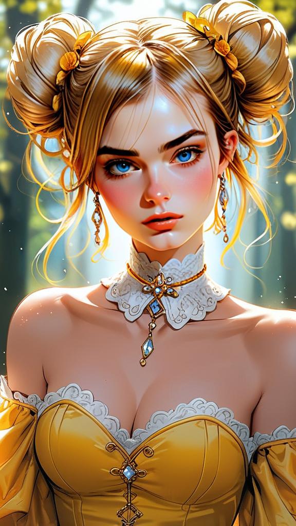 Portrait of Young Woman with Blue Eyes and Blonde Double Buns in Yellow Dress