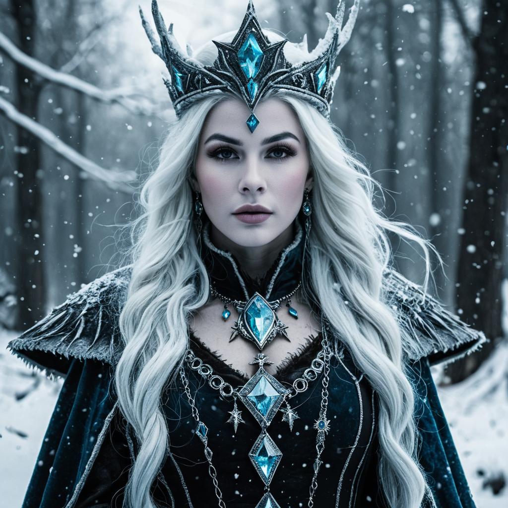 Ice Queen Woman in Snowy Forest with Blue Gemstone Crown