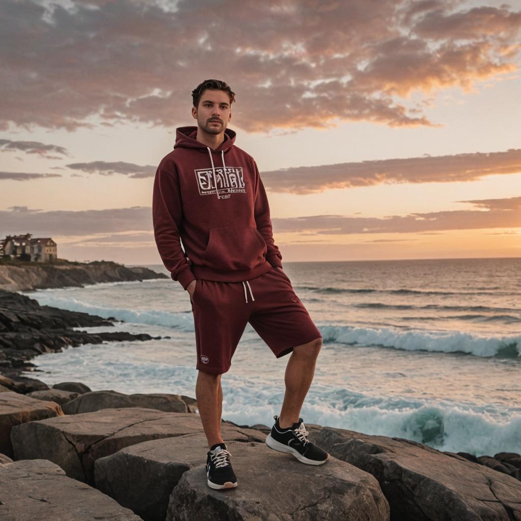 Confident Man on Coastal Rocks at Sunset