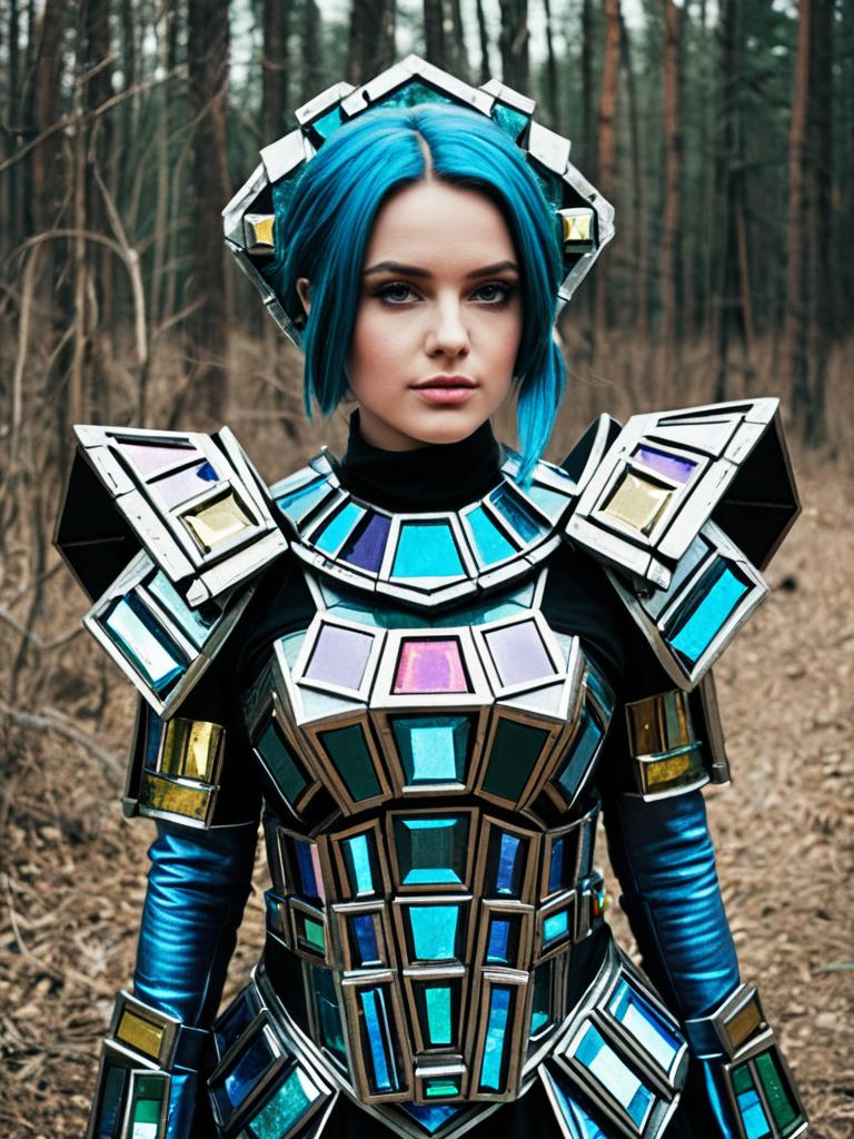 Realistic Bismuth Cosplay Woman in Detailed Metallic Armor Costume