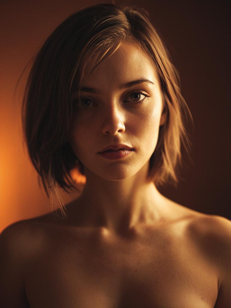 Warm Light Close-Up Portrait of Young Woman with Short Hair