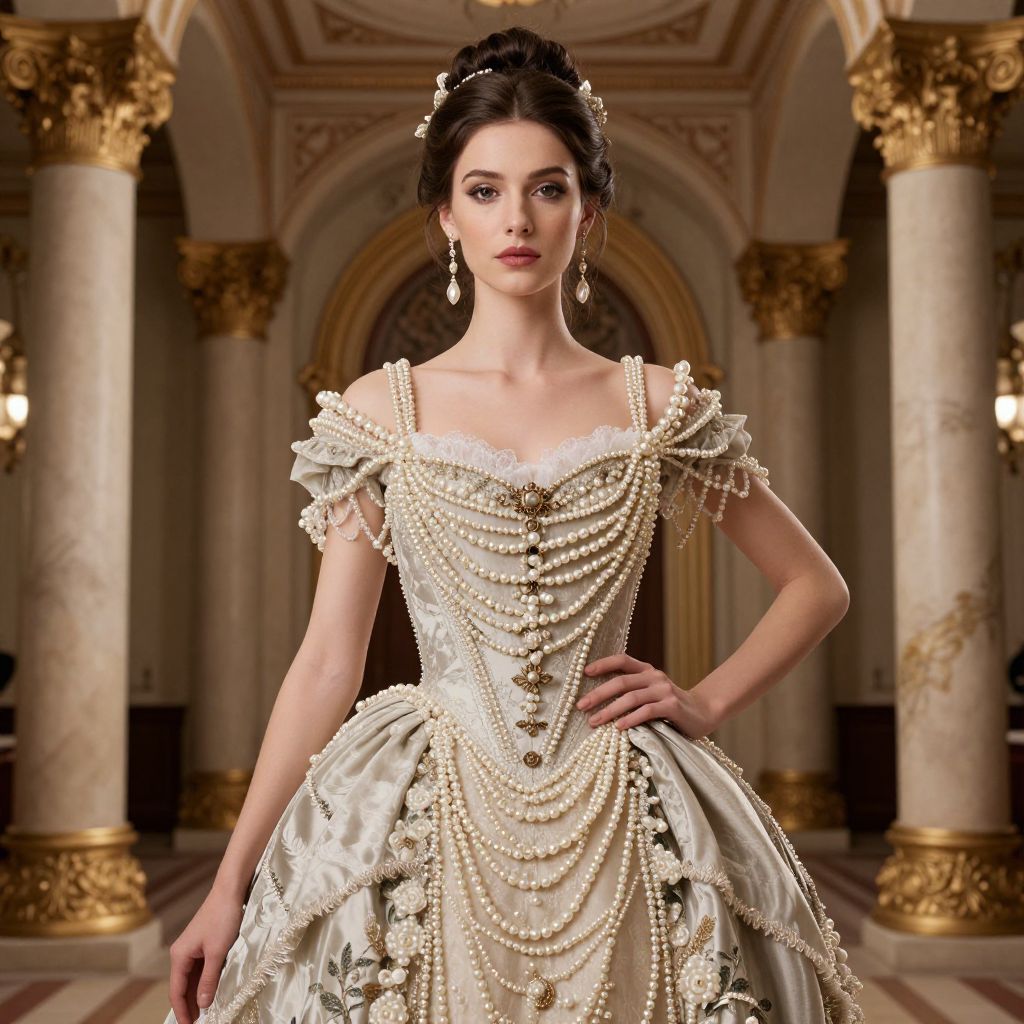 Young Woman in Elaborate Vintage Pearl-Embellished Gown in Luxurious Palace