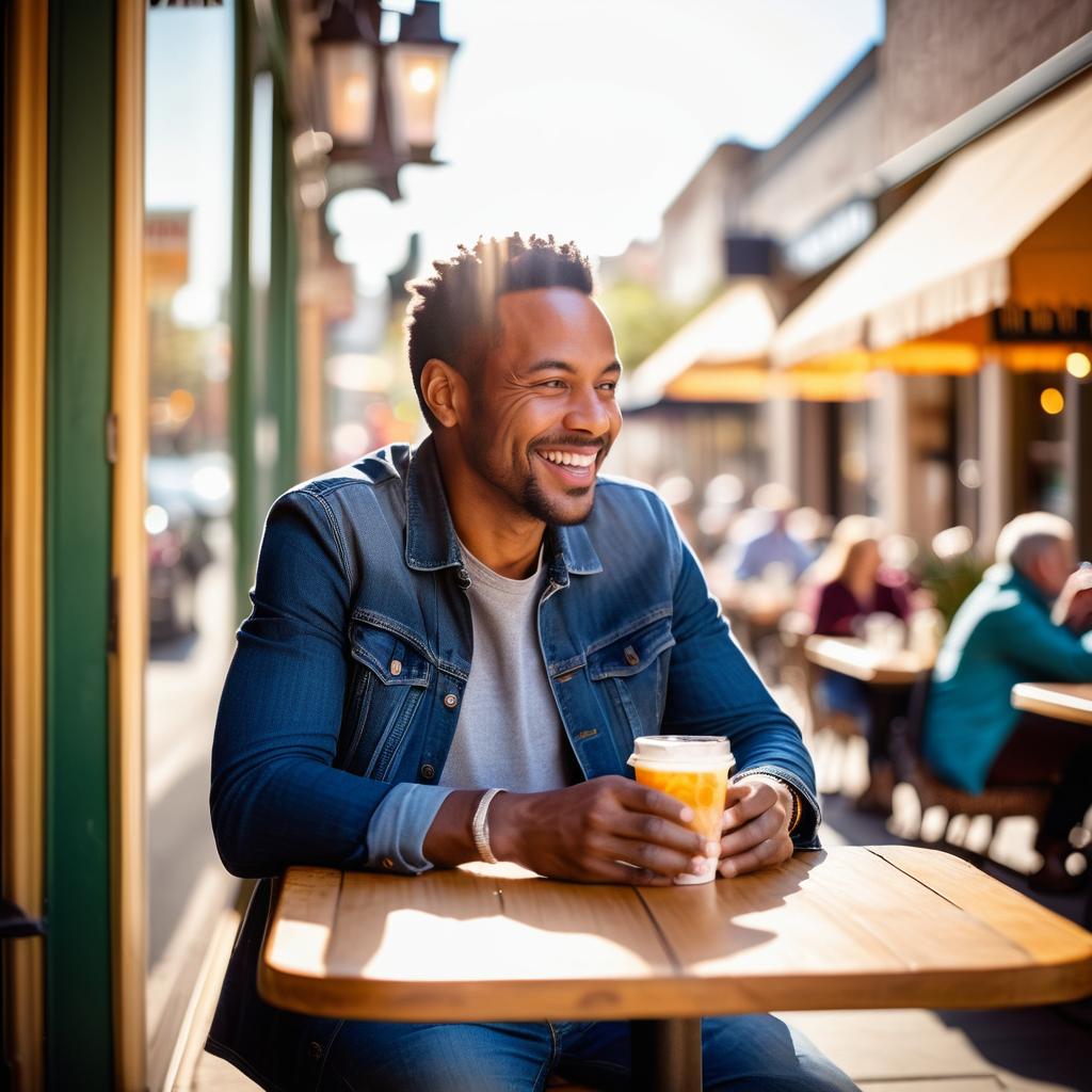 Young Man in Denim Jacket at Outdoor Cafe Young Man in Denim Jacket at Outdoor Cafe