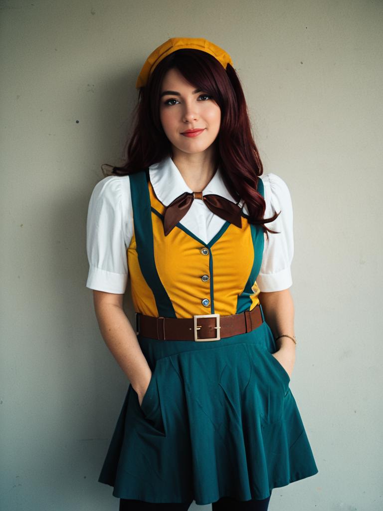 Cosplay Woman Wearing Gabi Braun Character Costume in Vibrant Yellow and Green Dress