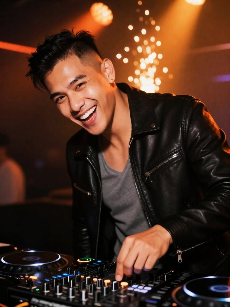 Gen Z DJ Mixing Music at Nightclub with Leather Jacket