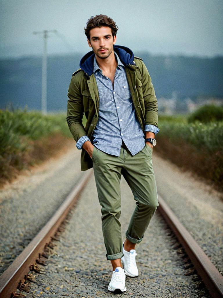 Stylish Young Man on Railway Track in Modern Outfit