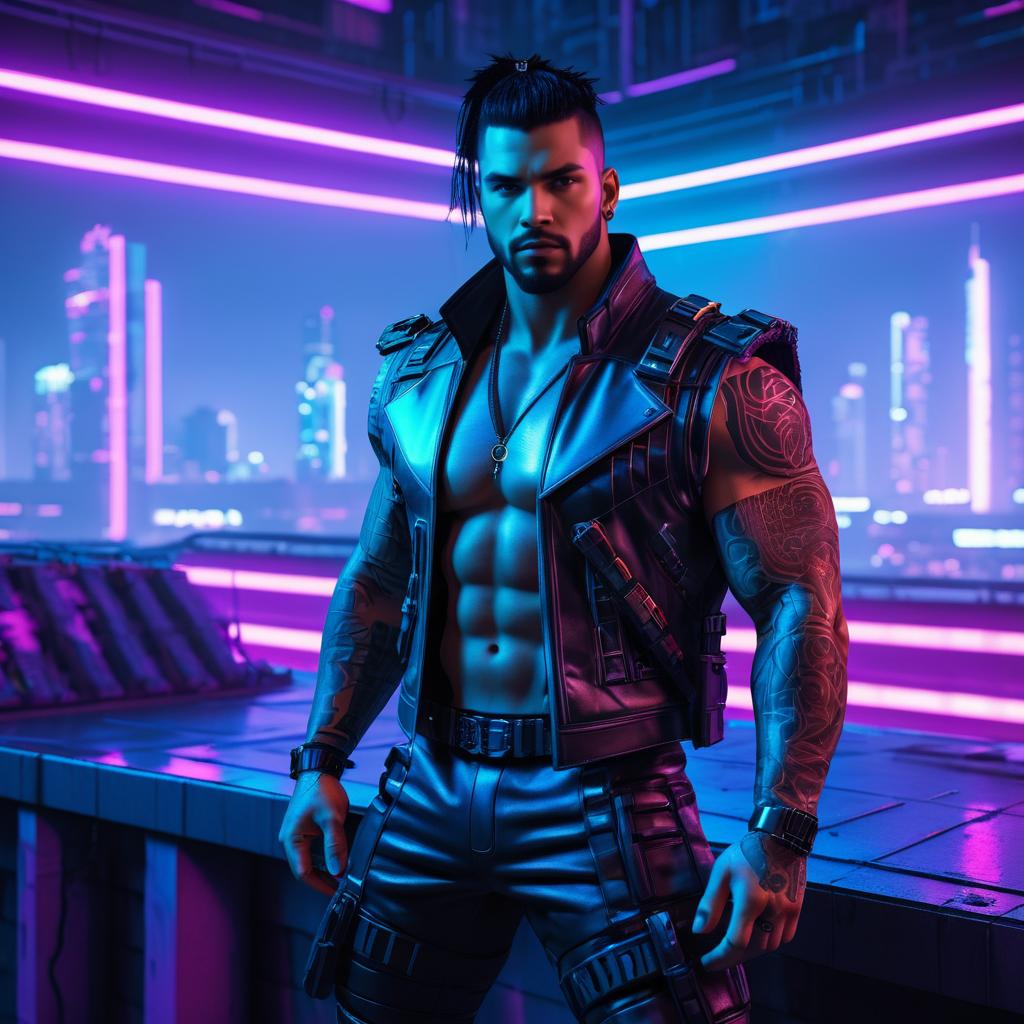 Muscular Man in Cyberpunk Setting