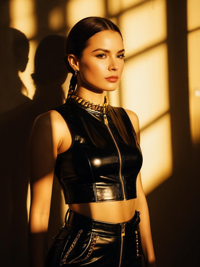 Woman Wearing Edgy Black Glossy PVC Crop Top with Metal Zipper Streetwear