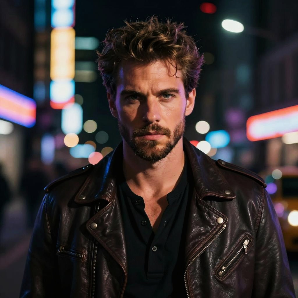 Confident Man in Leather Jacket Urban Night Portrait Gen Z Style