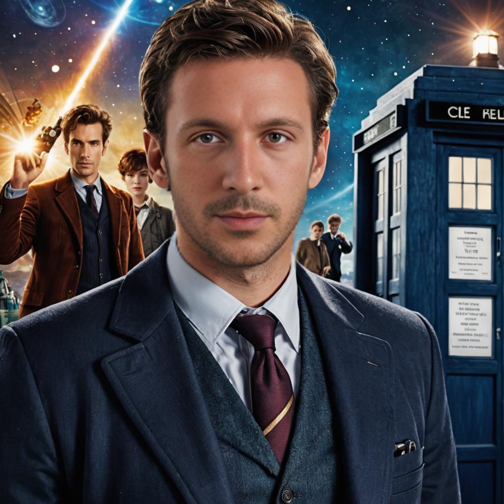 Man in Suit with TARDIS and Cosmic Background