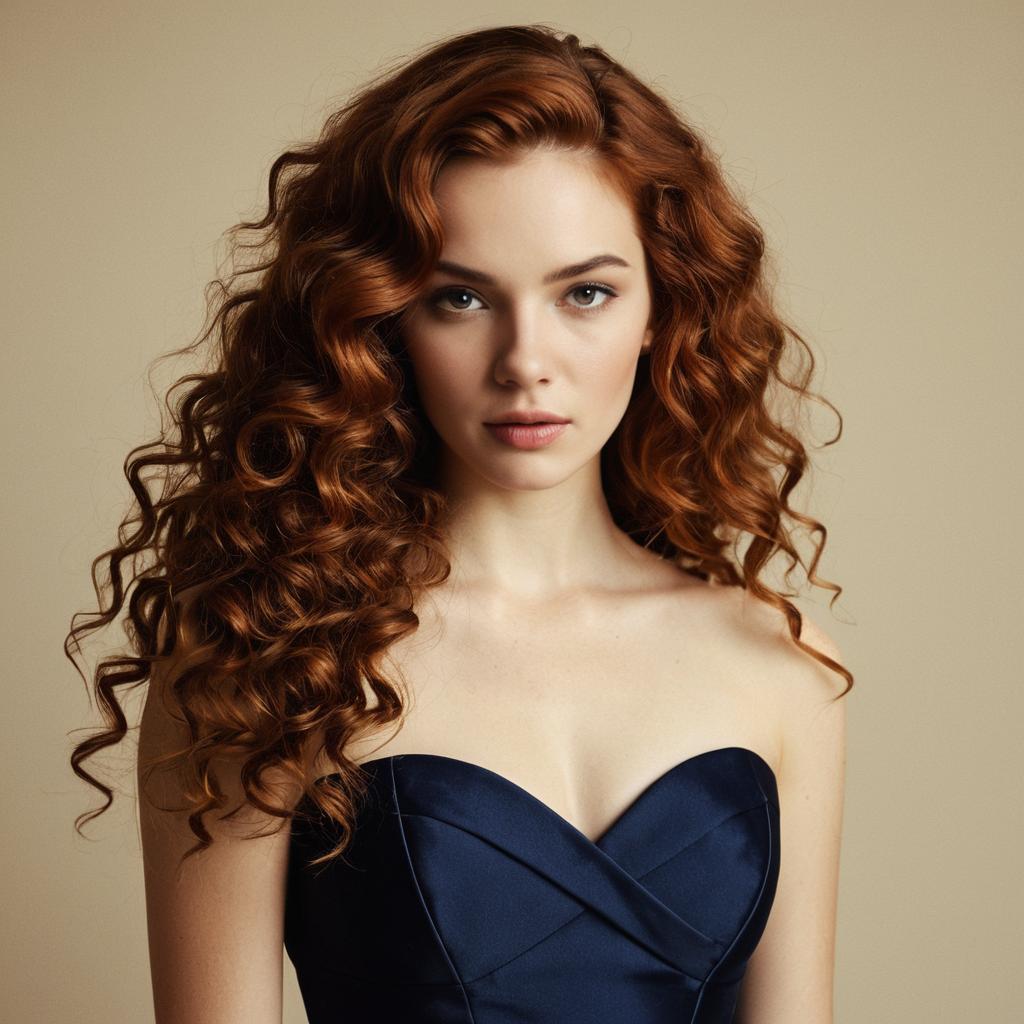 Elegant Woman with Voluminous Red Curly Hair in Navy Blue Dress