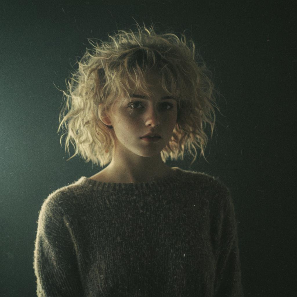 Portrait of Thoughtful Blonde Woman with Curly Hair in Knit Sweater Portrait of Thoughtful Blonde Woman with Curly Hair in Knit Sweater
