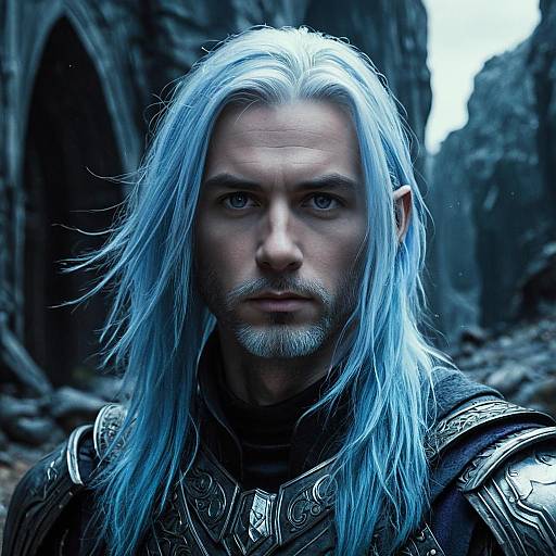 Fantasy Warrior Man with Silver Blue Hair in Detailed Armor Portrait