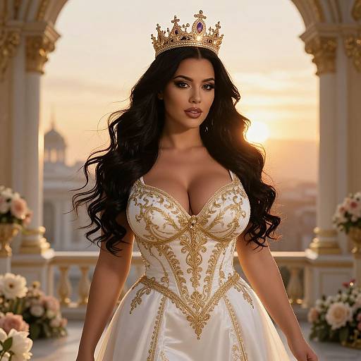 Elegant Woman in White and Gold Corset Gown with Crown at Sunset