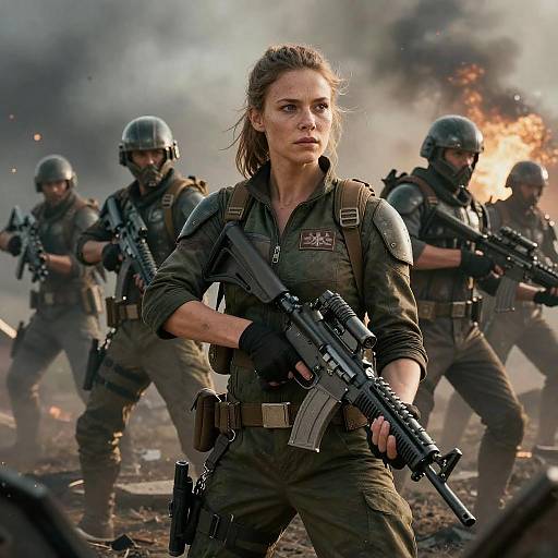 Realistic Military Squad with Woman Soldier in Battlefield Action