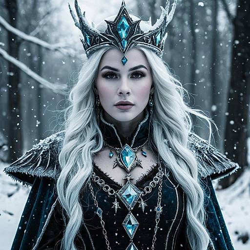Ice Queen Woman in Snowy Forest with Blue Gemstone Crown