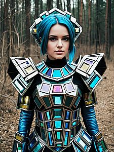 Realistic Bismuth Cosplay Woman in Detailed Metallic Armor Costume