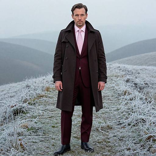 Man in Dark Overcoat and Burgundy Suit on Frosty Pathway