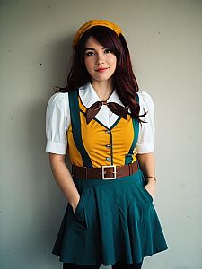 Cosplay Woman Wearing Gabi Braun Character Costume in Vibrant Yellow and Green Dress