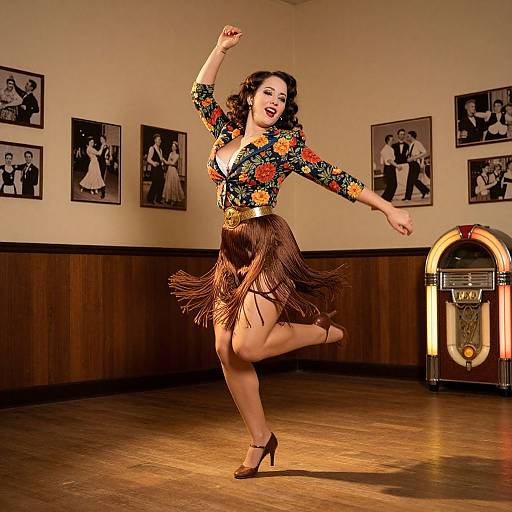 Vintage Style Woman Dancing Energetically in Retro Room with Jukebox