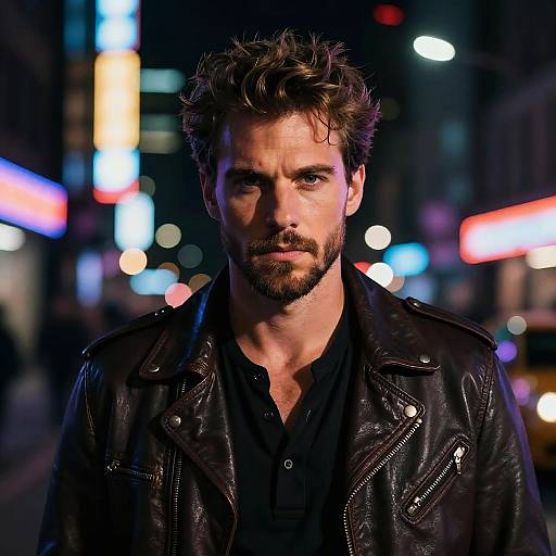 Confident Man in Leather Jacket Urban Night Portrait Gen Z Style