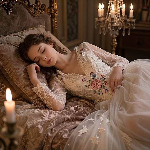 Elegant Woman in Embroidered Lace Wedding Dress Reclining on Vintage Bed