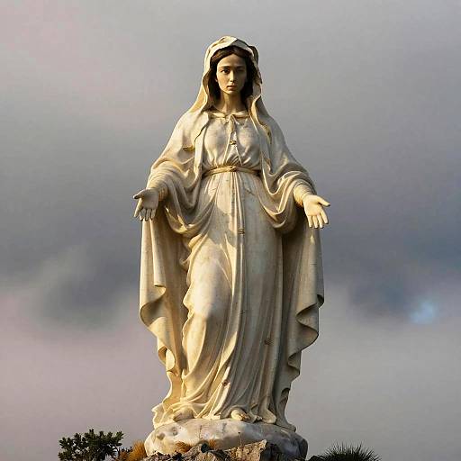 Statue of Woman in Flowing Robe with Open Arms Against Cloudy Sky