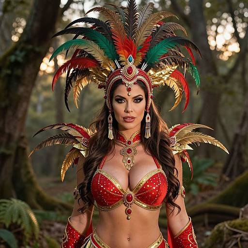 Carnival Woman in Ornate Feathered Costume with Red and Gold Details