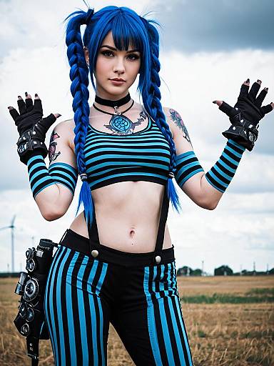 Arcane Jinx Cosplay Woman in Blue Striped Outfit with Braided Hair