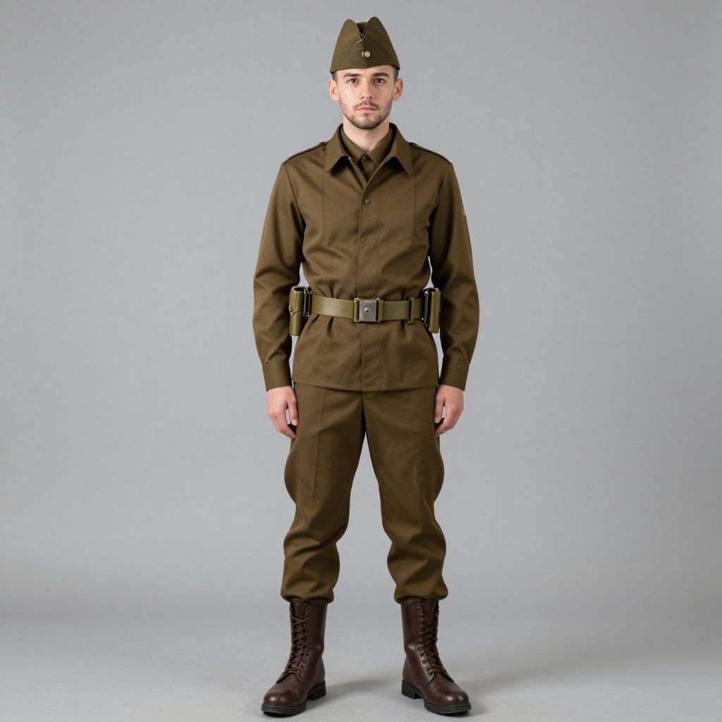 Man Wearing Vintage Military Uniform with Olive-Green Jacket and Boots
