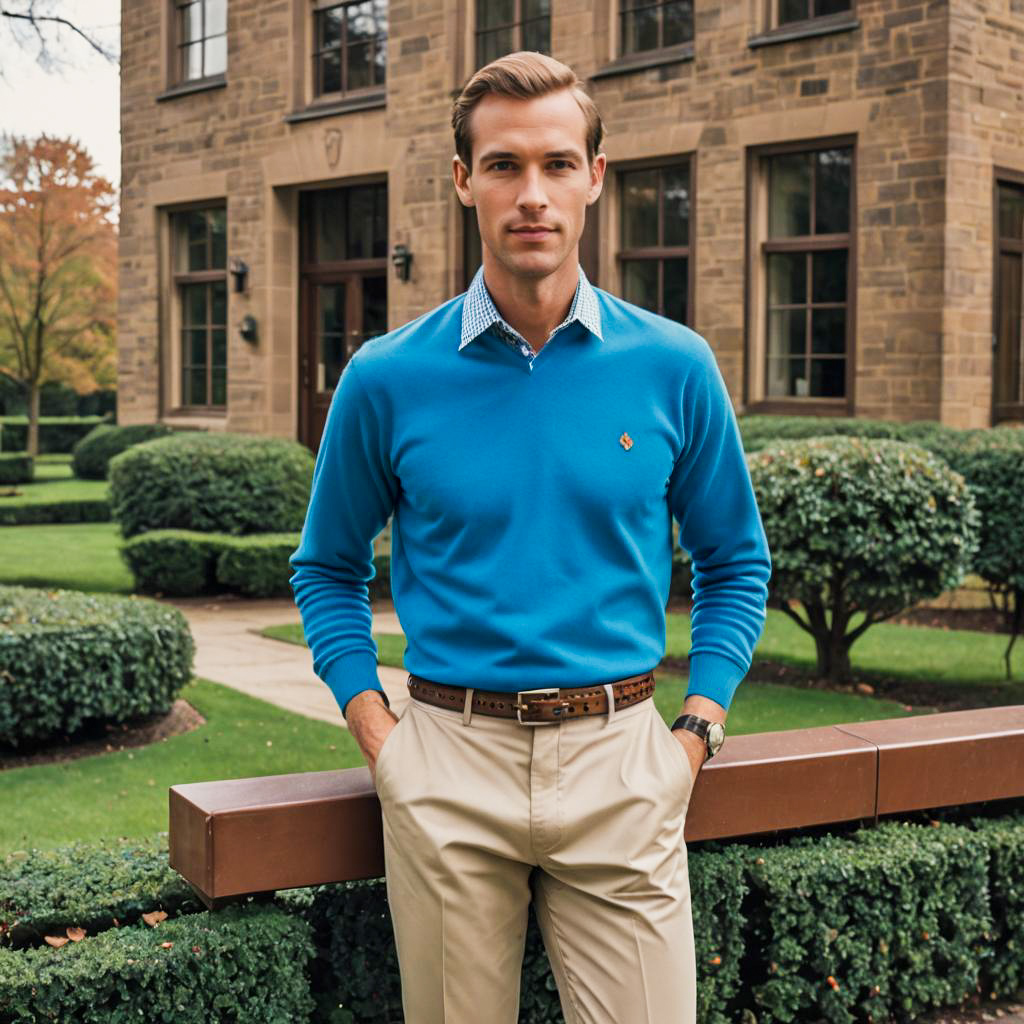 Man in Blue Sweater and Beige Pants Standing Outdoors by Classic Stone Building