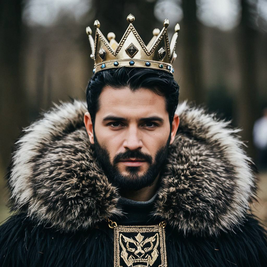 Regal Man in Crown and Fur Cloak