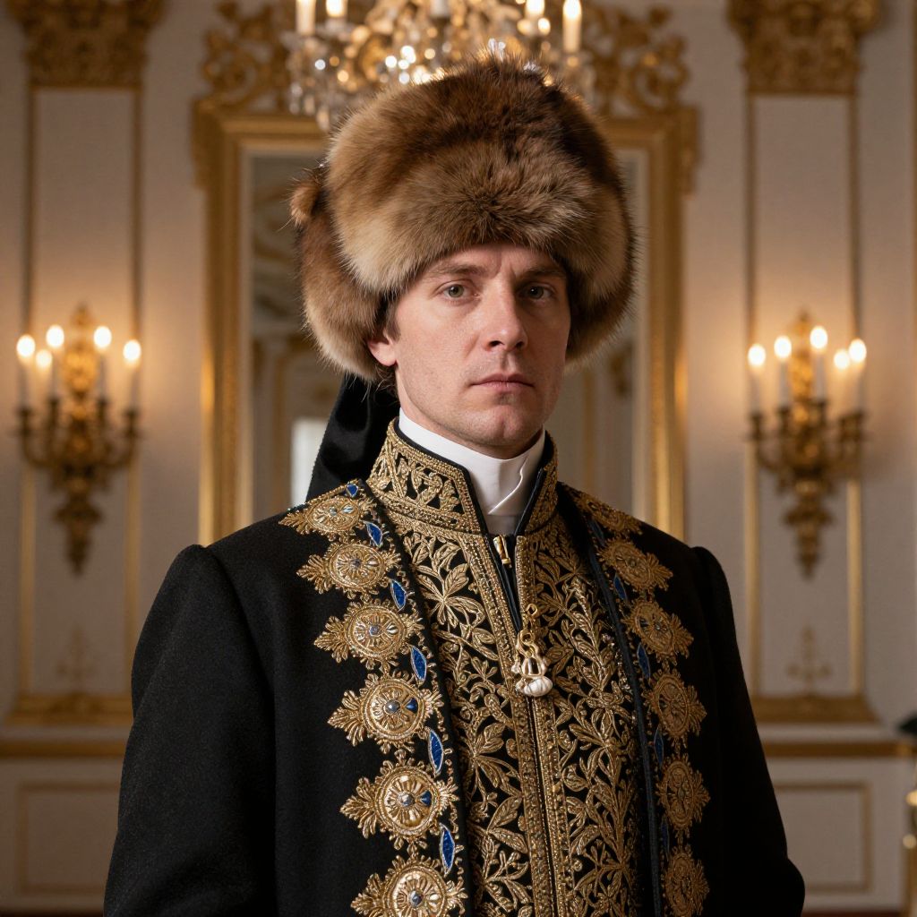 Man in Traditional Ornate Fur Hat and Embroidered Ceremonial Costume