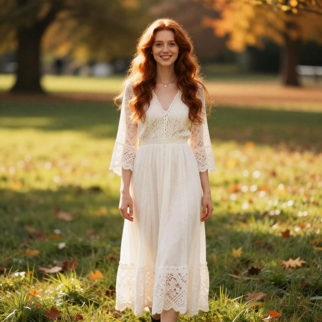 Young Woman in Vintage White Lace Dress in Autumn Park