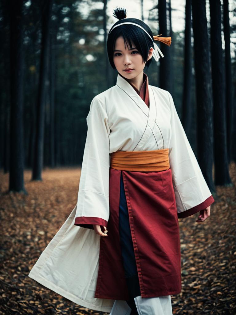Realistic Tenten Cosplay Woman in Traditional Costume in Forest