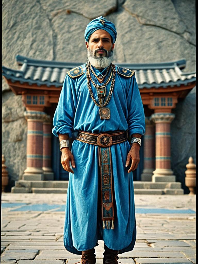 Man in Traditional Blue Robe and Turban with Ornate Jewelry in Asian Architectural Setting