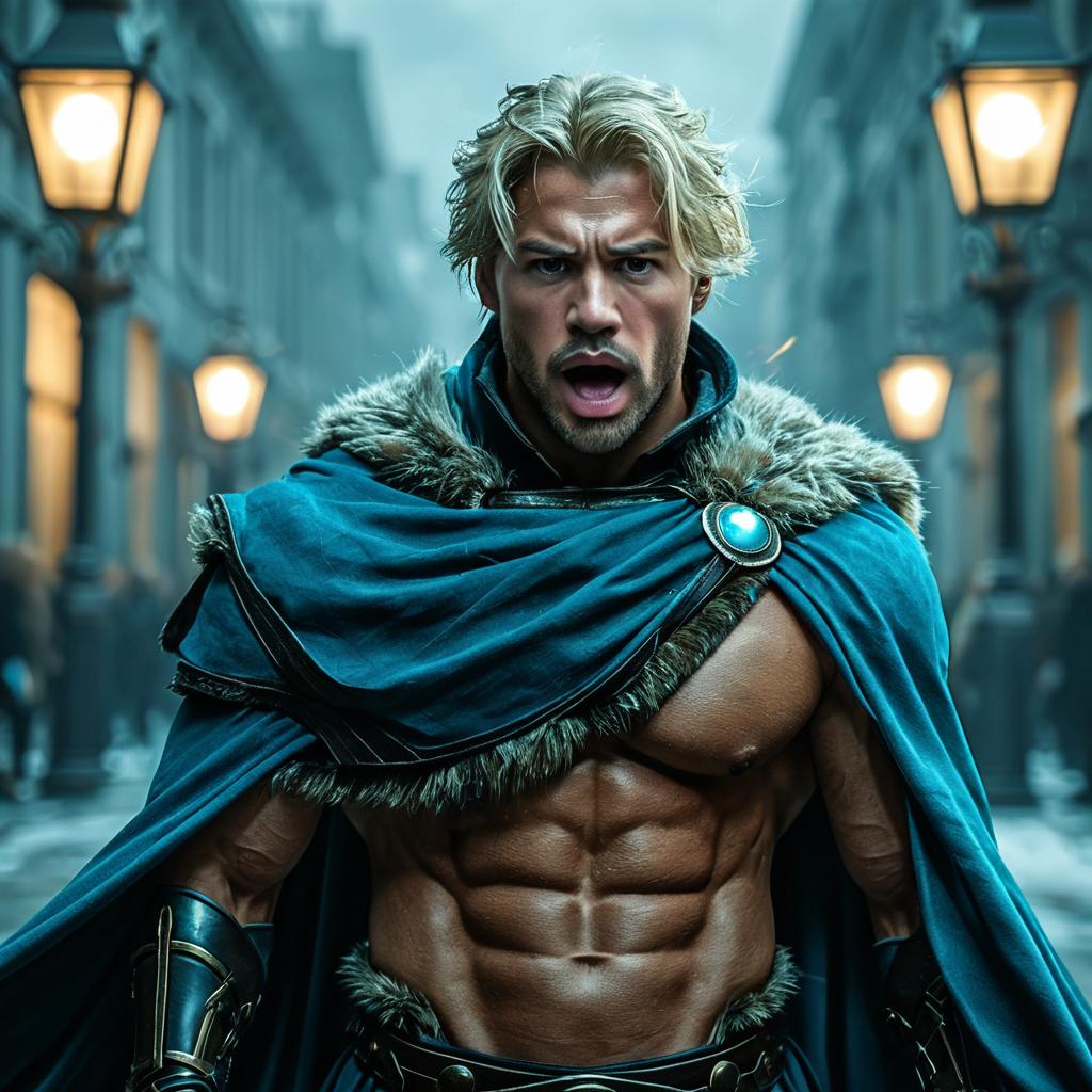 Fantasy Warrior Muscular Man in Medieval Cloak and Armor