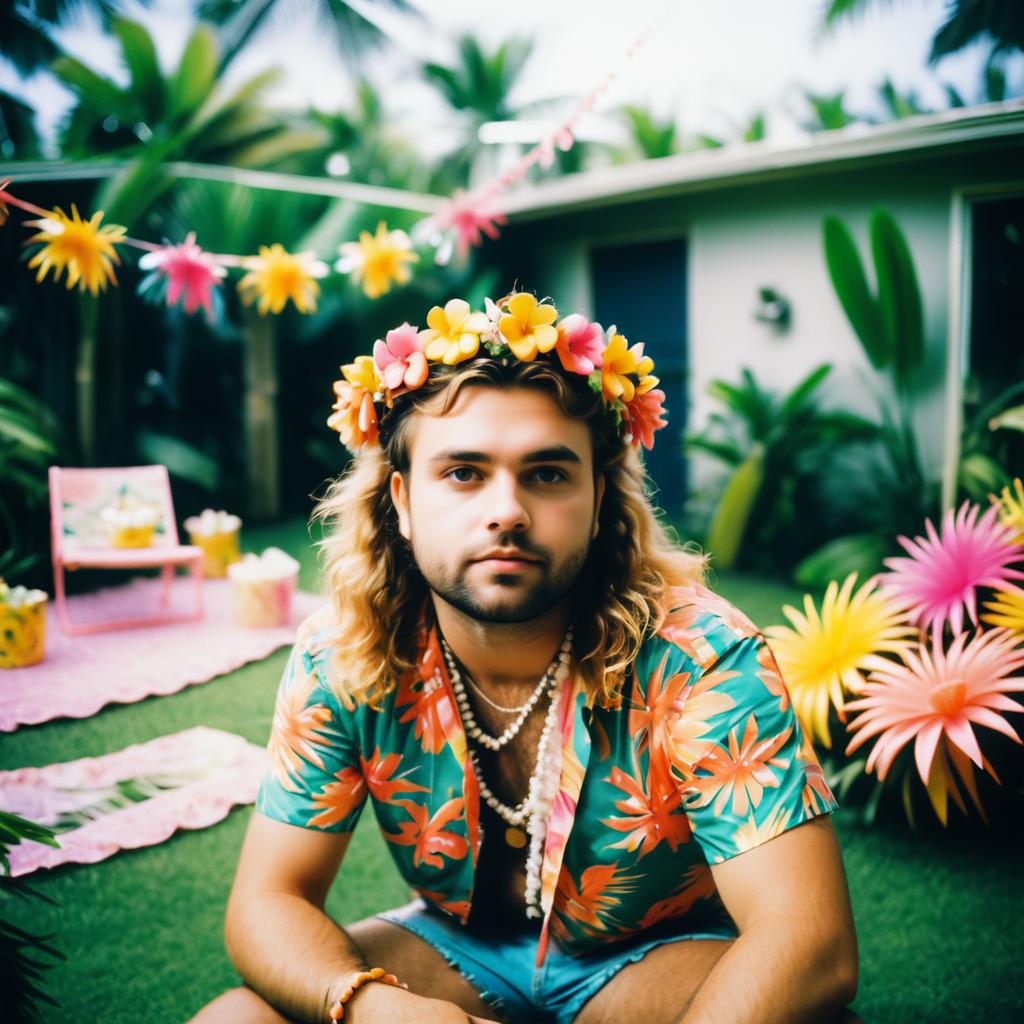 Young man with floral crown in tropical garden