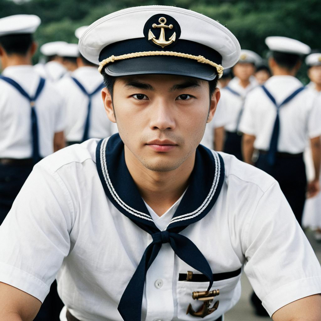 Young Sailor in Navy Uniform with Crew Young Sailor in Navy Uniform with Crew