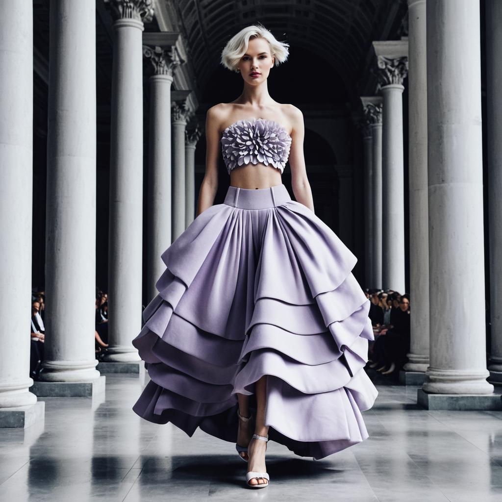 Elegant Lavender Haute Couture Dress Woman Fashion Runway in Columned Hallway