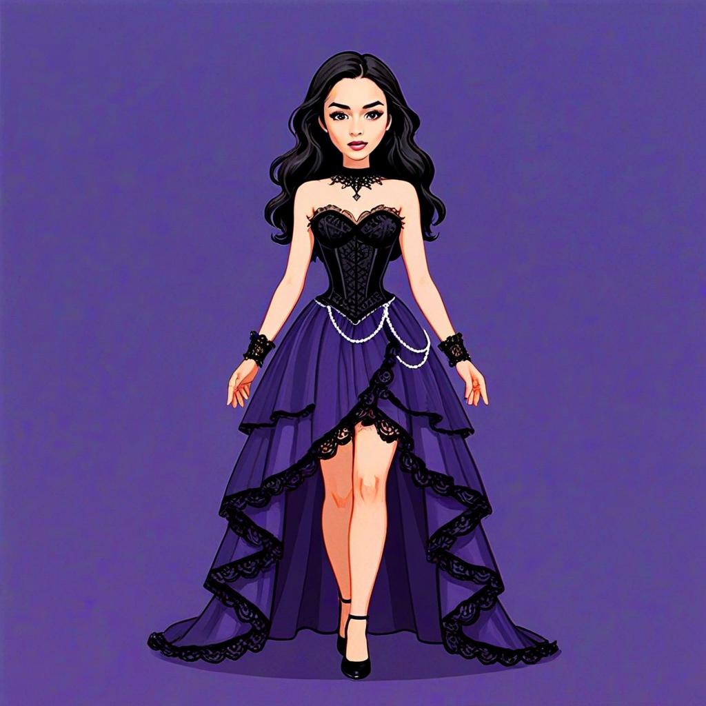 Gothic Woman Wearing Black Silk Corset Gown with Purple High-Low Skirt