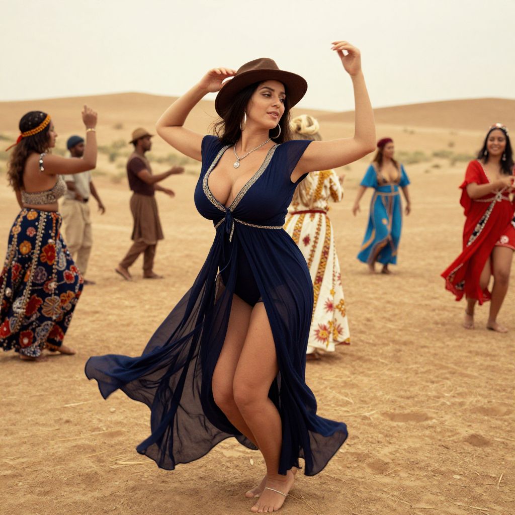 Woman Dancing in Navy Blue Dress with Bohemian Group in Desert