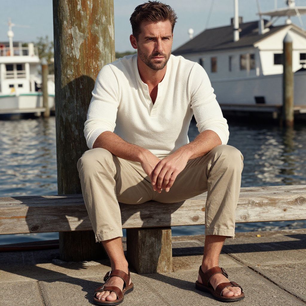 Casual Man Sitting on Dock by Water Wearing Henley Shirt and Sandals