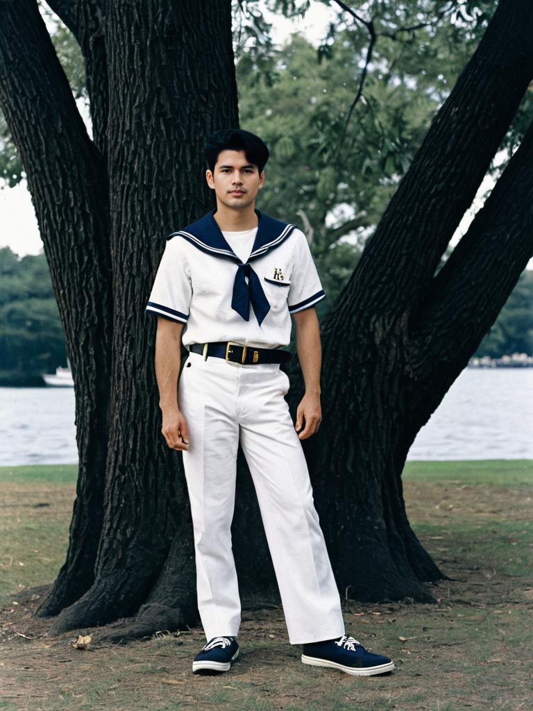 Young Man in Realistic Sailor Suit Costume Outdoors by Water