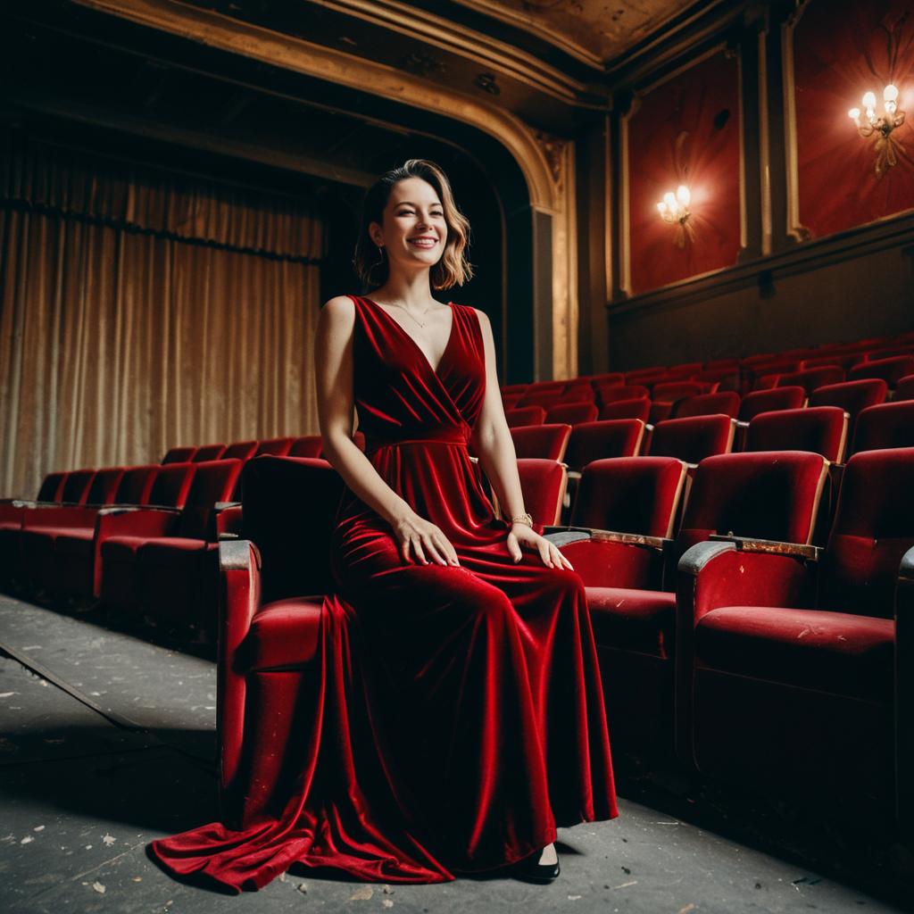 Elegant Woman in Red Velvet Gown in Vintage Theater