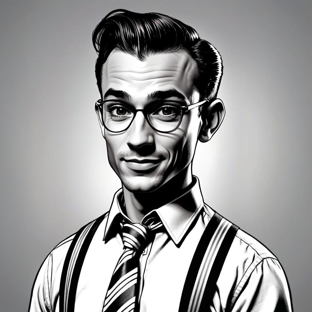 Stylized Black and White Portrait of Man Wearing Glasses and Tie
