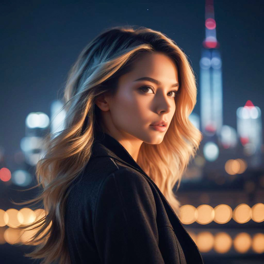 Woman Portrait in Vibrant City Skyline at Night